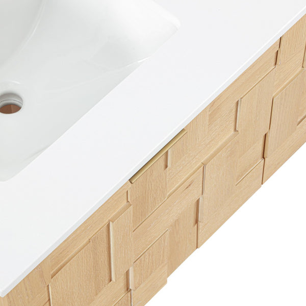 Meridian Furniture Leonardo Wall Mounted Solid Wood Bathroom Vanity with Geometric Doors and Engineered Stone Top Natural 48 inches 435Natural-48