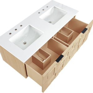 Meridian Furniture Leonardo Wall Mounted Solid Wood Bathroom Vanity with Geometric Doors and Engineered Stone Top Natural 48 inches 435Natural-48