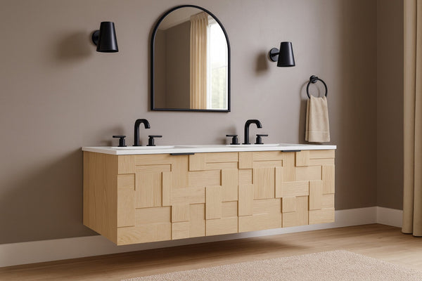 Meridian Furniture Leonardo Wall Mounted Solid Wood Bathroom Vanity with Geometric Doors and Engineered Stone Top Natural 48 inches 435Natural-48