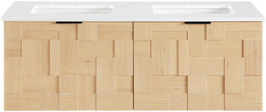 Meridian Furniture Leonardo Wall Mounted Solid Wood Bathroom Vanity with Geometric Doors and Engineered Stone Top Natural 48 inches 435Natural-48