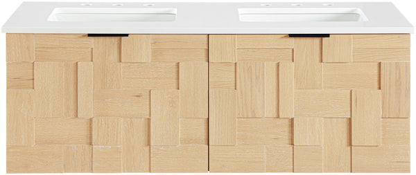 Meridian Furniture Leonardo Wall Mounted Solid Wood Bathroom Vanity with Geometric Doors and Engineered Stone Top Natural 48 inches 435Natural-48