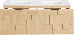 Meridian Furniture Leonardo Wall Mounted Solid Wood Bathroom Vanity with Geometric Doors and Engineered Stone Top Natural 48 inches 435Natural-48