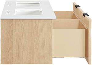 Meridian Furniture Leonardo Wall Mounted Solid Wood Bathroom Vanity with Geometric Doors and Engineered Stone Top Natural 48 inches 435Natural-48
