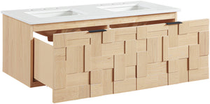 Meridian Furniture Leonardo Wall Mounted Solid Wood Bathroom Vanity with Geometric Doors and Engineered Stone Top Natural 48 inches 435Natural-48