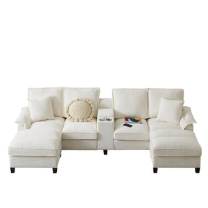 English Elm 120" Modular Corduroy Sectional Sofa Bed with Storage, U-Shaped 4-Seater, Cup Holders & Console Beige W1359S00010