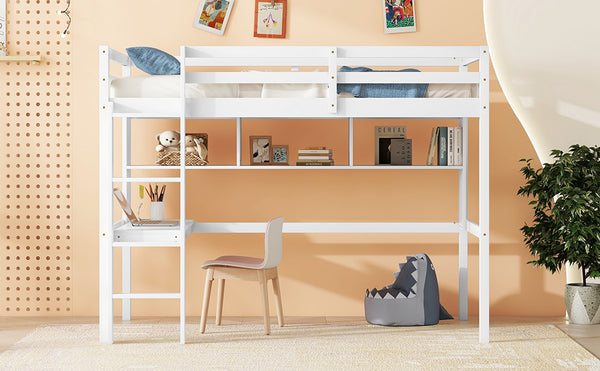 English Elm Twin Loft Bed with Built-In Desk and Bookcase, Pine Frame, Safety Guardrail, Ladder for Study Space White W504P181854