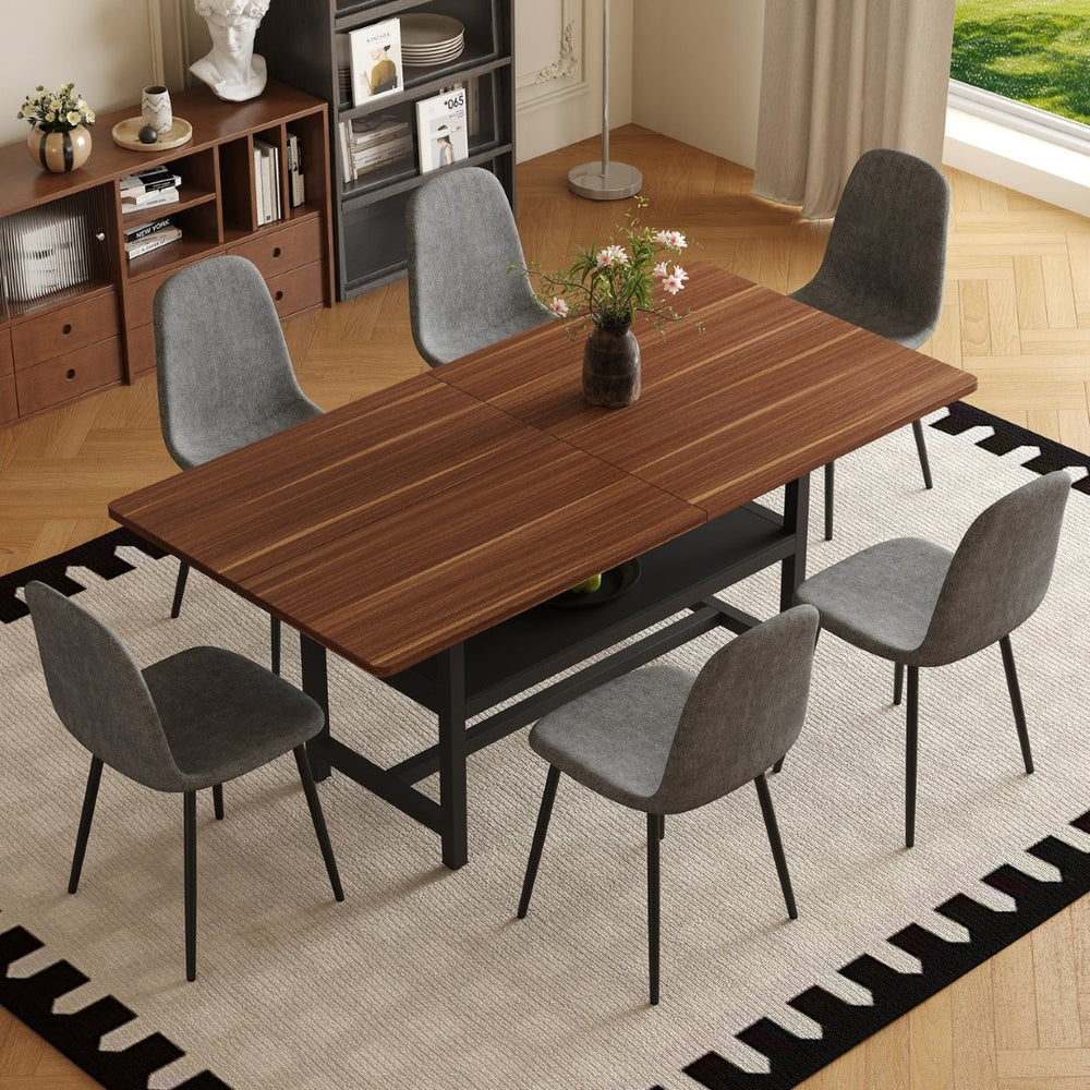 English Elm Table Set With Walnut Grain Dining Table & 6 Dark Gray Linen-Cotton Chairs For Modern Homes W1151S04294-GIGA