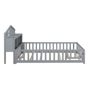 English Elm Full-size Montessori Floor Bed with Built-In Bookcase and Chalkboard, Space-Saving Solid Wood Platform for Kids Grey 56.3 L x 17.32 W x 5.31 H W1716S00013