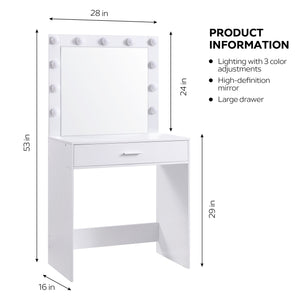 English Elm Vanity Elegant dressing table with LED mirror lights, large drawer, adjustable brightness & storage White W2386P216215