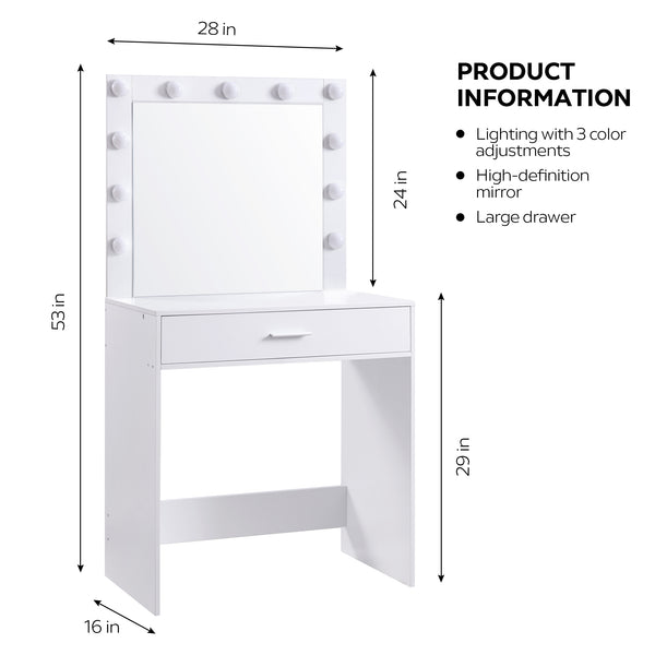 English Elm Vanity Elegant dressing table with LED mirror lights, large drawer, adjustable brightness & storage White W2386P216215