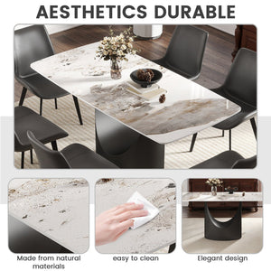 English Elm 63" Modern Artificial Stone Dining Table With Curved Design & Black Iron Legs - Seats 6-8 Comfortably W1535S00560