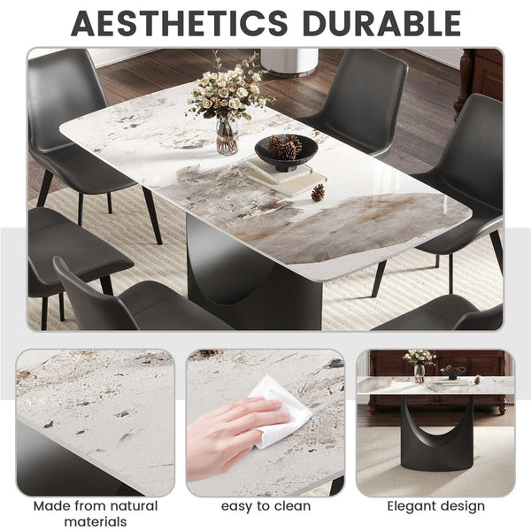 English Elm 63" Modern Artificial Stone Dining Table With Curved Design & Black Iron Legs - Seats 6-8 Comfortably W1535S00560