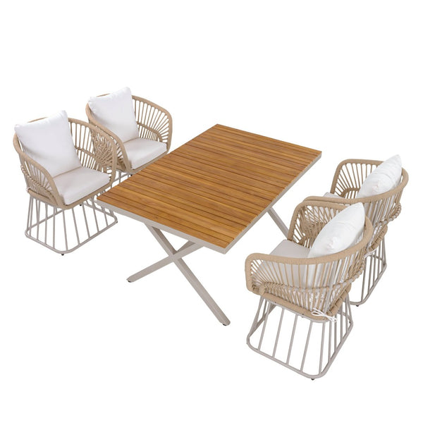 English Elm Outdoor Teak and Wicker Patio Dining Set Seats Four with Cushioned Armchairs N770PS526B27B