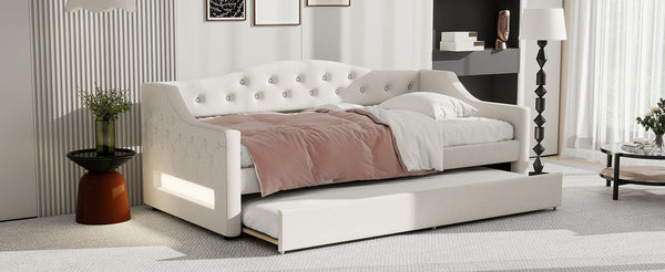 English Elm Upholstered Twin XL Daybed with Built-In LED Belt and Trundle, Linen Backrest, Modern Guest Bed Beige DL002050AAA