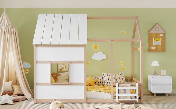 English Elm Twin House Frame Floor Bed Pinewood Build with Led Roofline Kids Bedroom Cream,White W697P435884