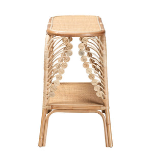 English Elm Bohemian Hand-braided Rattan Side Table with Open Shelf for Warm Organic Interiors B2750P467661
