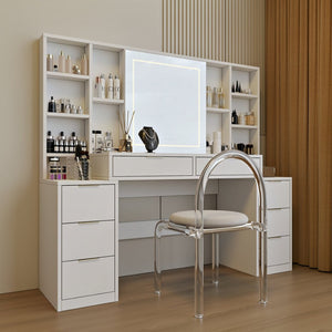 English Elm Makeup Vanity Table with Led Mirror Eight Drawers Open Shelves Bedroom Dressing W3393S00004