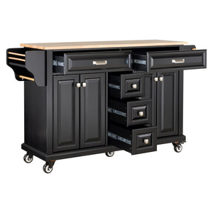 English Elm Kitchen Island durable rubberwood countertop kitchen cart on casters with towel rack, spice shelf, 5 drawers and adjustable shelving for organized meal prep and mobility Black W914S00003