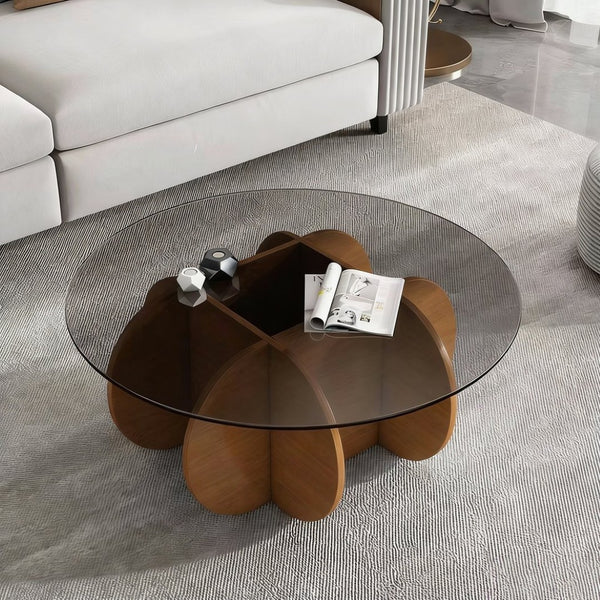 English Elm Modern Round Glass Top Coffee Table with Walnut Wood Base for Living Room Decor W3101P417725