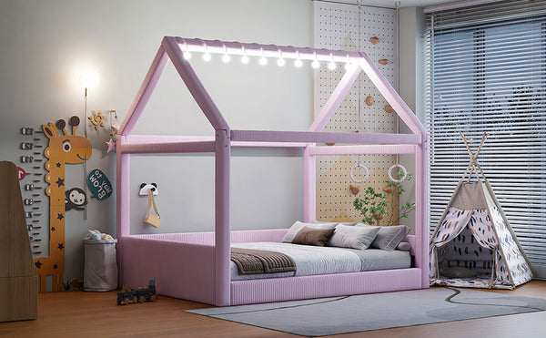 English Elm Full Size Upholstered House Daybed With Led Lights – Cozy Pink Retreat For Kids & Guests N7500001335H