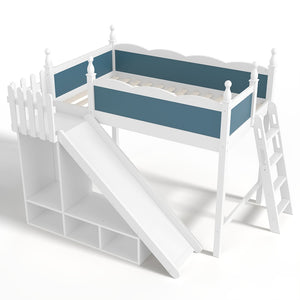 English Elm Twin Loft Bed Solid Pine Frame with Wardrobe Shelving Detachable Slide Kids Room White+Blue W5305S00019