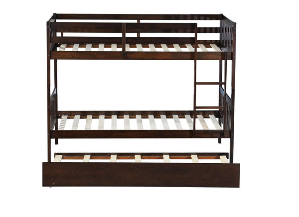 English Elm Twin Over Twin Rubberwood Bunk Bed With Trundle - Space-Saving Design, Espresso Finish, Safety Features W504S00158-GIGA