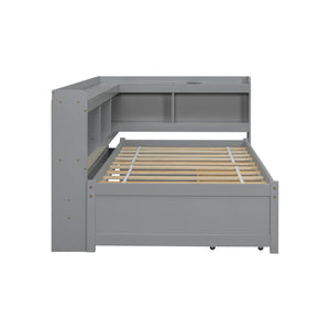 English Elm Twin Size L-Shaped Bookcase Bed With Usb Charging, Drawers, And Stylish Grey Finish For Modern Rooms W504S00218-GIGA