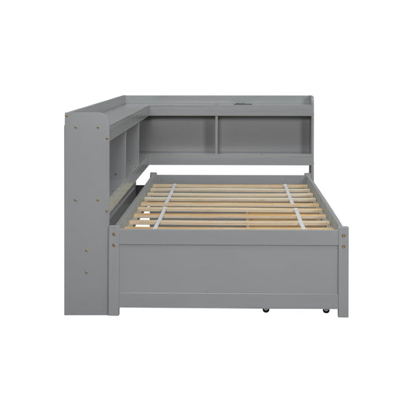 English Elm Twin Size L-Shaped Bookcase Bed With Usb Charging, Drawers, And Stylish Grey Finish For Modern Rooms W504S00218-GIGA