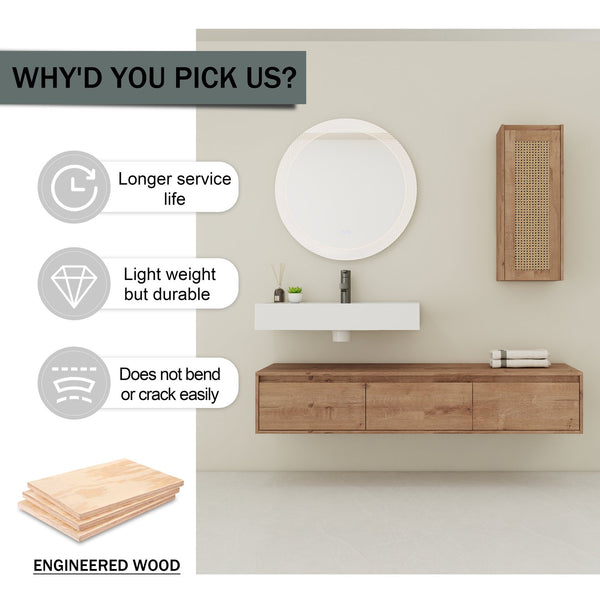 English Elm 60 Inch Wall-Mounted Bathroom Vanity Set With Resin Sink, Soft-Close Drawers & Side Cabinet Storage W999S00357