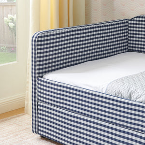 Twin‑size Gingham Upholstered Daybed with Pull Out Trundle and Side Storage Pocket