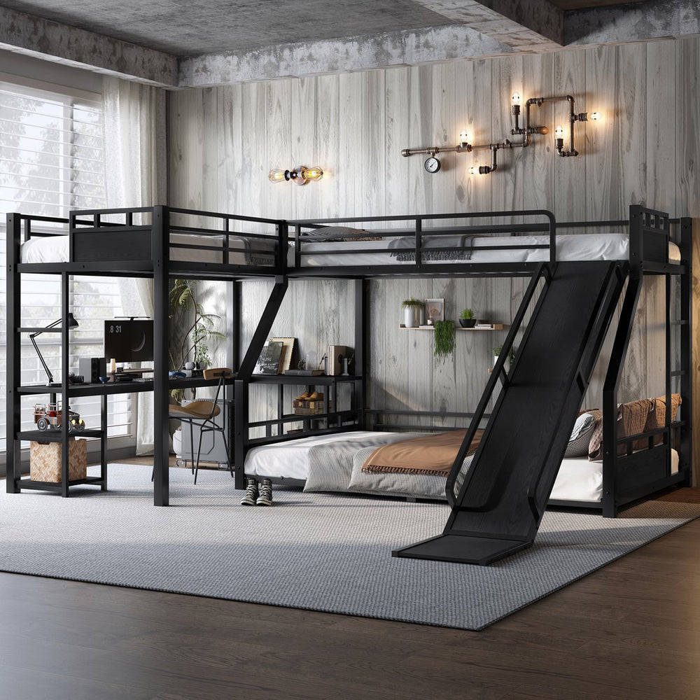 English Elm L-Shaped Metal Bunk Bed With Twin Xl Loft, Queen Bed, Desk, Shelves & Slide - Space-Saving Design! W1580S00279