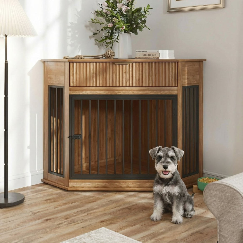 English Elm 44.6'' Corner Mdf Dog Kennel Cabinet with Fluted Drawer End Table for Modern Living Natural Walnut W5216P415905