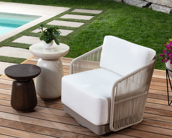 Sunpan HALI End Table - Stylish Concrete Design with Antique Brass Finish & Natural Travertine Aesthetics 112221