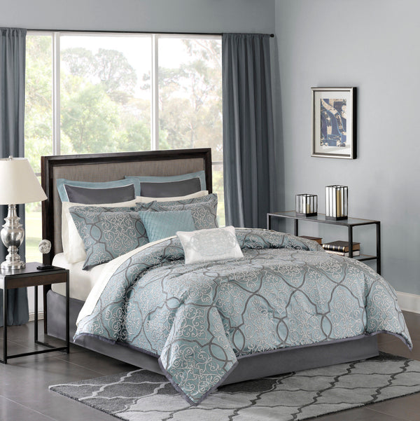 English Elm 12 Piece Comforter Set - Elegant Grey-Blue Jacquard With Cotton Sheets & Decorative Pillows King Size B03596807
