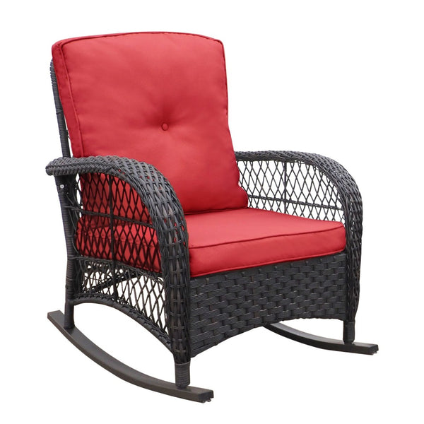English Elm 3 Piece Outdoor Wicker Rocking Bistro Set with Glass Top Table Patio Porch W1889P500208
