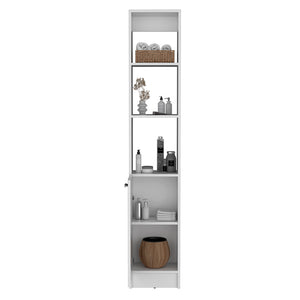 English Elm Linen Cabinet Marion White — Slim 46" Engineered Wood Bathroom Storage with Open Shelves & Concealed Door B092P191189