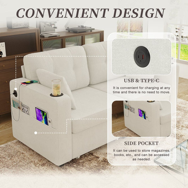 English Elm Sofas for Living Room Chenille Three Seat Couch with Usb Charging Storage and Cup Holder Beige W395S00142