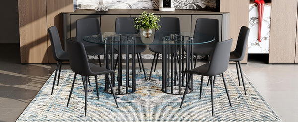 English Elm Table and Chair Set Oval Glass Top Seats 8 Luxe Black Metal Base Dining Room W1151S04749