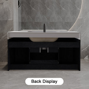 English Elm 39.4 Inch Floating Bathroom Vanity Sintered Stone Top Solid Wood 2 Soft Close Drawers W3136S00081