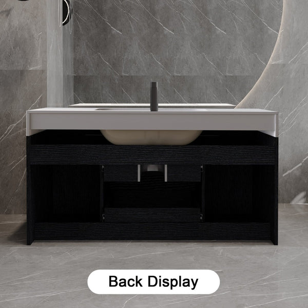 English Elm 39.4 Inch Floating Bathroom Vanity Sintered Stone Top Solid Wood 2 Soft Close Drawers W3136S00081