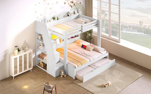 English Elm Twin Over Full Bunk Bed with Stair Drawers Shelves Led Lighting and Usb Port White N7090005013K