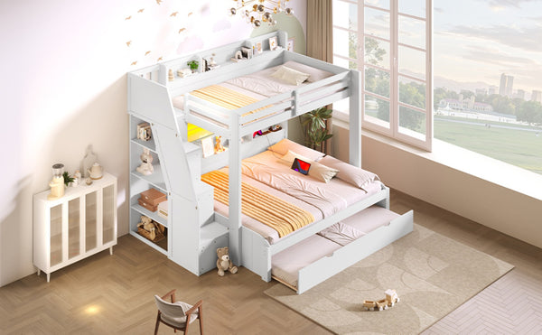 English Elm Twin Over Full Bunk Bed with Stair Drawers Shelves Led Lighting and Usb Port White N7090005013K