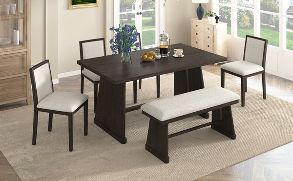 English Elm Trexm Six Piece Farmhouse Dining Set Wire Brushed Oak Veneer Table Linen Chairs Bench Espresso ST000155AAP