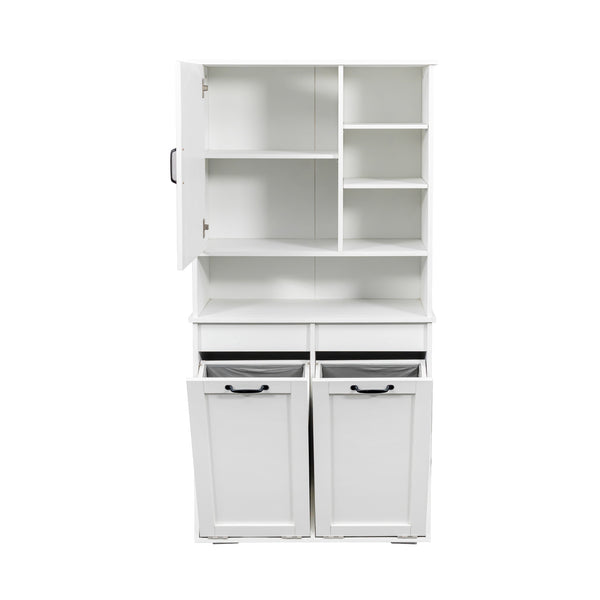 English Elm Laundry Cabinet with Tilt-Out Hampers, Adjustable Shelves, Freestanding White Storage Organizer W331S00168