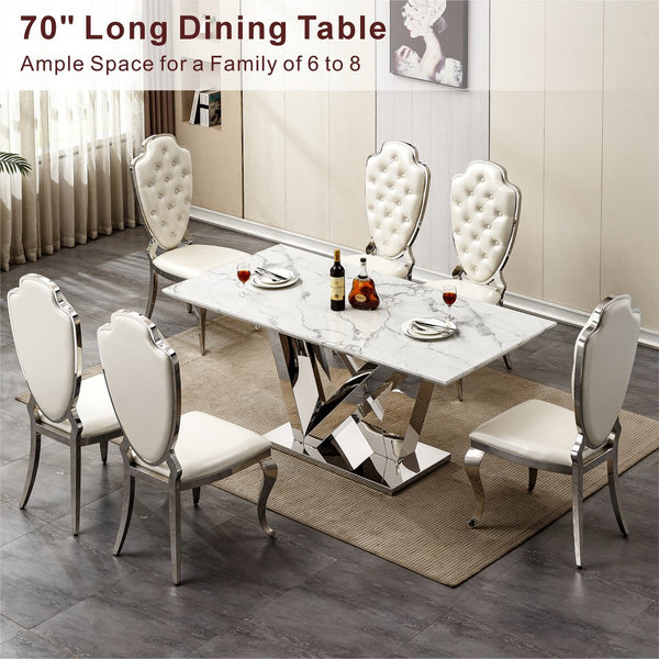 English Elm Marble Dining Table For 6 - Modern 70'' Rectangle Faux Marble Top With Mirrored Stainless Steel Base W3456S00042