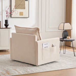 English Elm UNITED Swivel Barrel Chair with Chenille Upholstery, 360° Smooth Rotation, Padded Arm Comfort and Side Pockets for Living Room Relaxation Beige W1568P290083