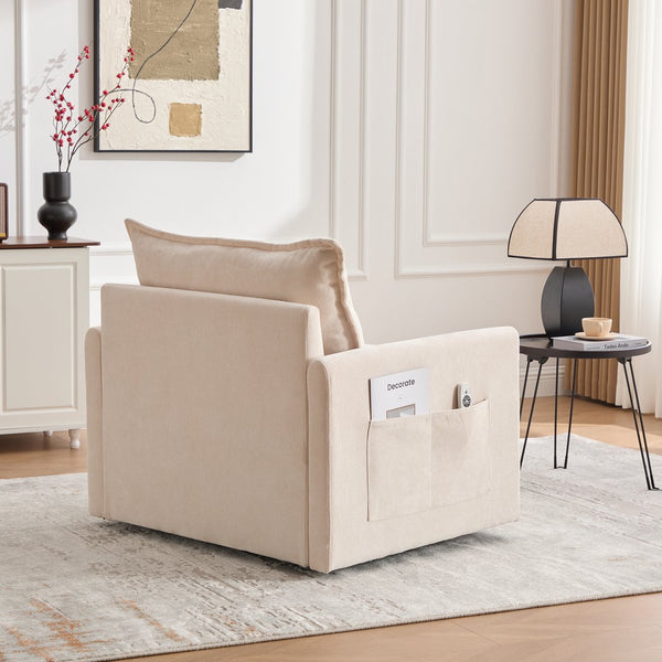 English Elm UNITED Swivel Barrel Chair with Chenille Upholstery, 360° Smooth Rotation, Padded Arm Comfort and Side Pockets for Living Room Relaxation Beige W1568P290083