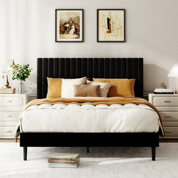English Elm Queen Velvet Tufted Platform Bed Adjustable Headboard Steel Frame No Box Spring Black W5239P502686