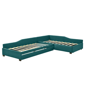 English Elm Upholstered Twin Daybed with Pull Out Trundle Linen Blend Sofa Style Studio Bed Green GX001316AAF