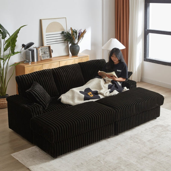 English Elm 84inch Corduroy Deep Seat Three Person Sofa with Storage Ottomans for Living Room Black W834S00566